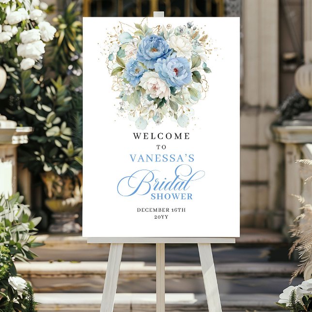 Póster Bienvenida a la Fiesta de Despedida de Soltera Chi (Chic Blue and Gold Bridal Shower Welcome)
