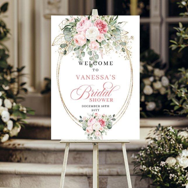Póster Bienvenida a la Fiesta de Despedida de Soltera Chi (Chic Blush Floral Greenery Bridal Shower Welcome)