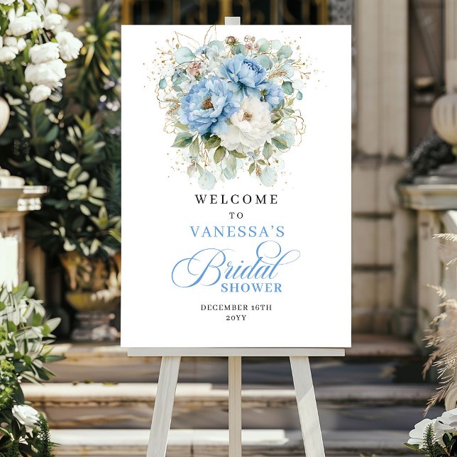 Póster Bienvenida a la Fiesta de Despedida de Soltera con (Bohemian Blue Floral Greenery Bridal Shower Welcome)