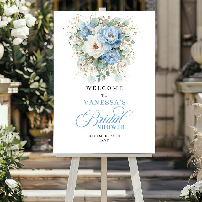 Póster Bienvenida a la Fiesta de Despedida de Soltera con (Rustic Blue Floral Greenery Bridal Shower Welcome)
