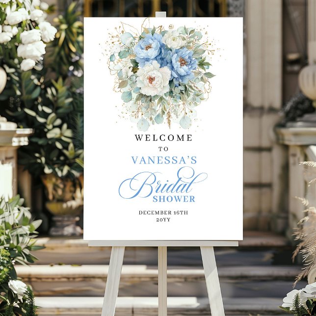 Póster Bienvenida a la Fiesta de Despedida de Soltera con (Blue and Gold Greenery Bridal Shower Welcome)