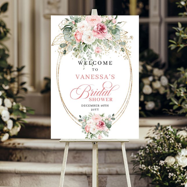 Póster Bienvenida a la Fiesta de Despedida de Soltera con (Bohemian Blush Roses Bridal Shower Welcome)