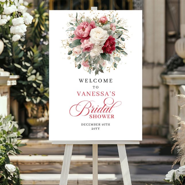Póster Bienvenida a la Fiesta de Despedida de Soltera con (Rustic Chic Burgundy Floral Bridal Shower Welcome)