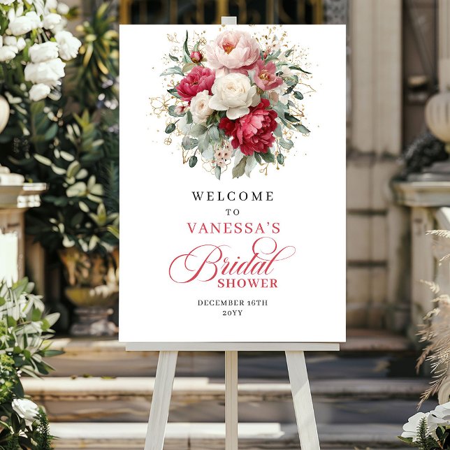 Póster Bienvenida a la Fiesta de Despedida de Soltera con (Boho Burgundy Floral Greenery Bridal Shower Welcome)