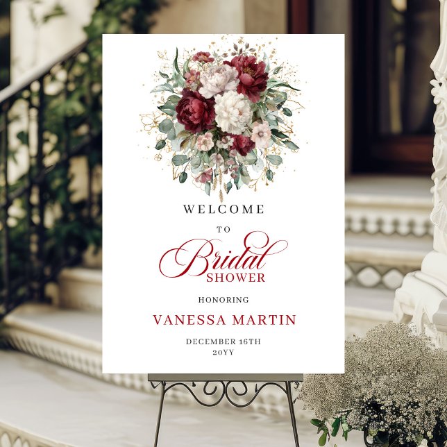 Póster Bienvenida a la Fiesta de Despedida de Soltera con (Burgundy Watercolor Floral Bridal Shower Welcome)
