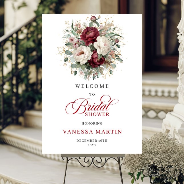 Póster Bienvenida a la Fiesta de Despedida de Soltera con (Marsala Floral Eucalyptus Bridal Shower Welcome)