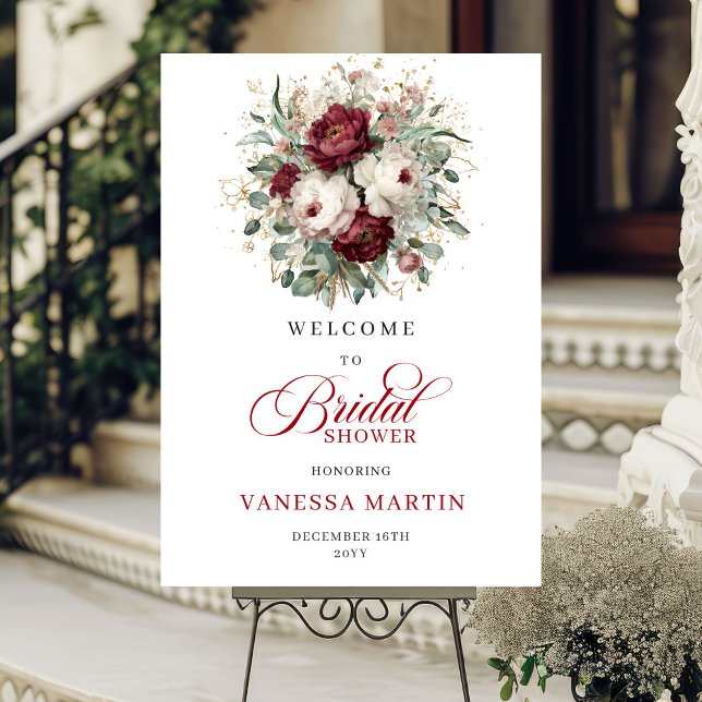 Póster Bienvenida a la Fiesta de Despedida de Soltera con (Burgundy Maroon Floral Bridal Shower Welcome)