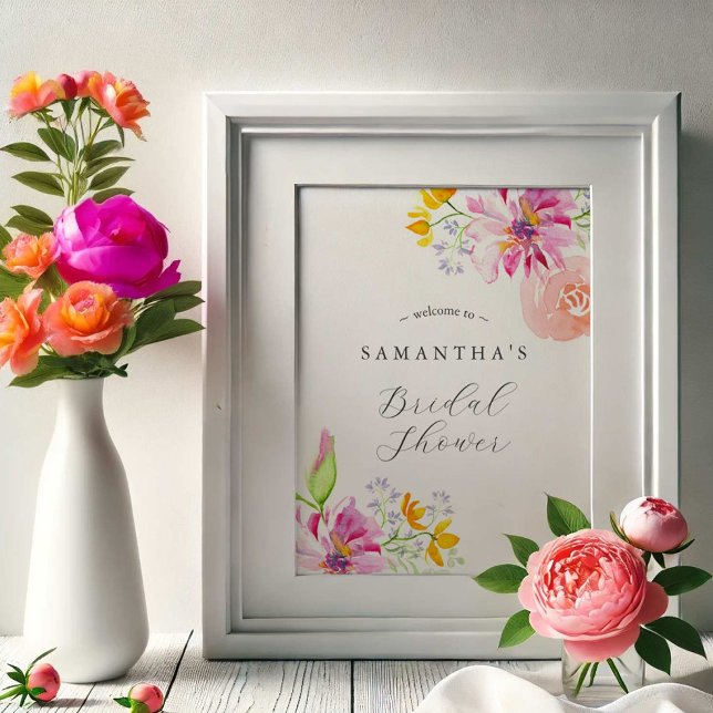 Póster Bienvenida a la Fiesta de Despedida de Soltera con (Bridal shower posters watercolor pink and orange floral art by Victoria Grigaliunas DoTellABelle)
