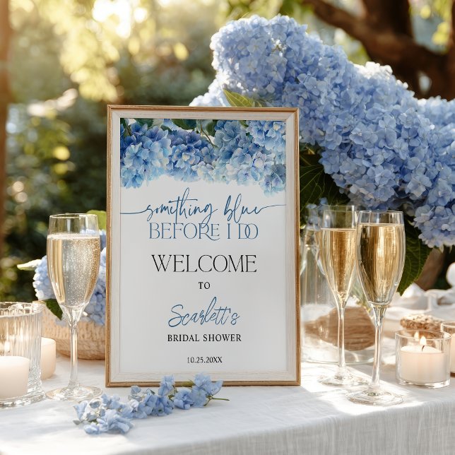 Póster Bienvenida a la Fiesta de Despedida de Soltera con (Something Blue Hydrangea Bridal Shower Welcome Poster)
