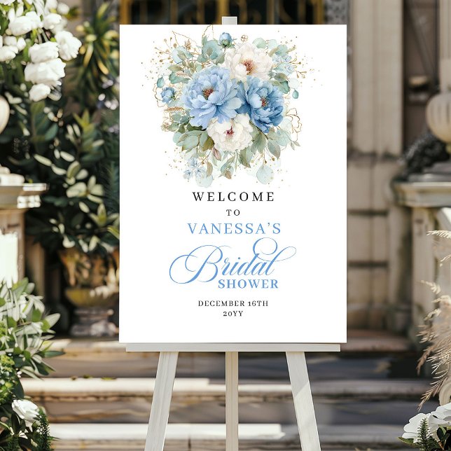 Póster Bienvenida a la Fiesta de Despedida de Soltera de  (Elegant Pastel Blue Peonies Bridal Shower Welcome)