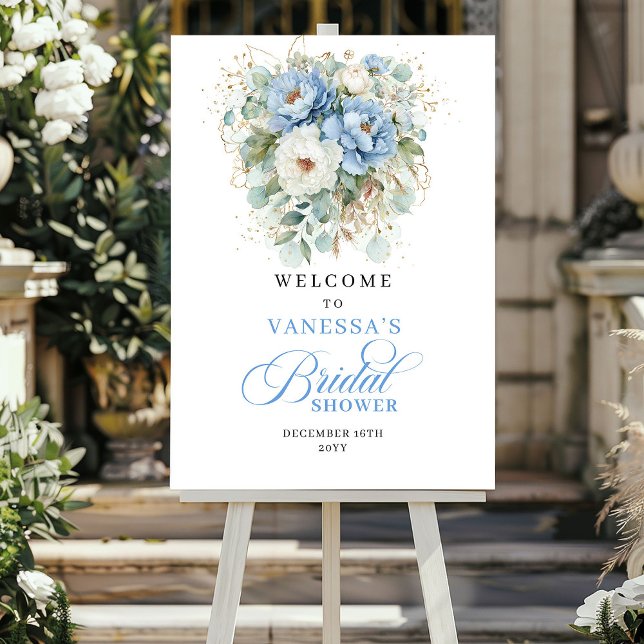 Póster Bienvenida a la Fiesta de Despedida de Soltera de  (Bohemian Blue Peonies Bridal Shower Welcome)