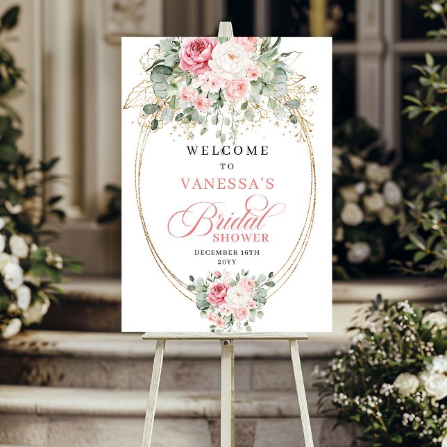 Póster Bienvenida a la Fiesta de Despedida de Soltera de  (Elegant Blush Roses Bridal Shower Welcome)