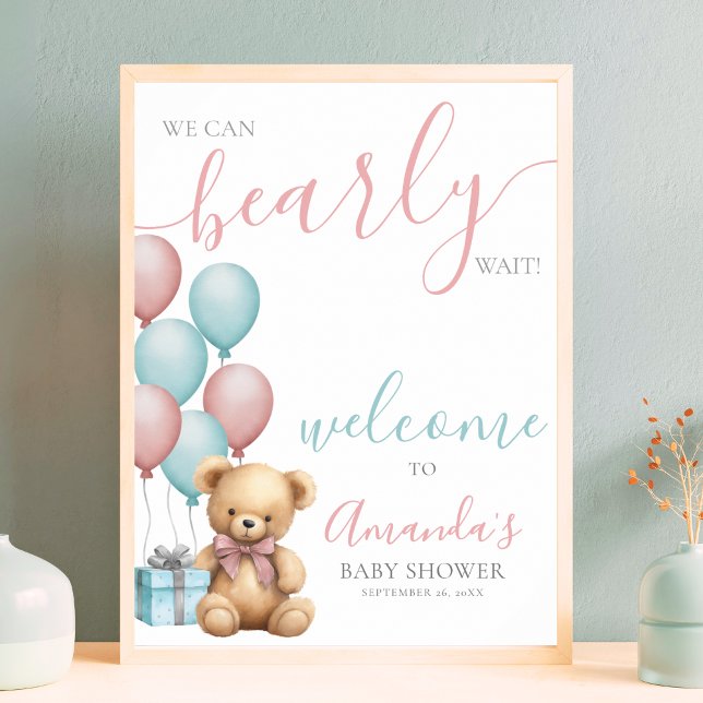 Póster Bienvenida a la Fiesta de Globos de Osito de Peluc (Teddy Bear Balloon Baby Shower Welcome Poster )