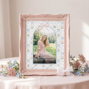 Póster Bienvenida a la fiesta de graduación con lazo rosa