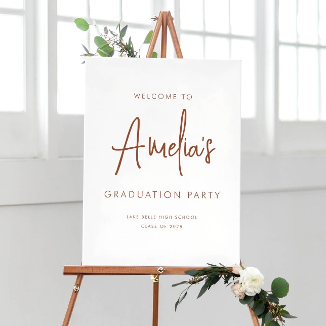 Póster Bienvenida a la fiesta de graduación de Terracotta (Customizable boho graduation party welcome sign featuring terracotta handwriting. )