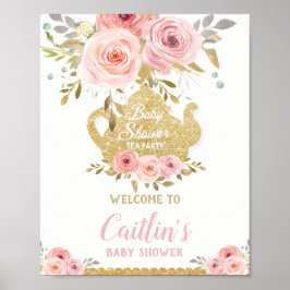Póster Bienvenida a la Fiesta de té floral de color rosa 