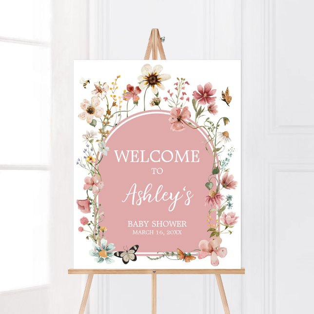 Póster Bienvenida a la flor silvestre Bebé (Muted Pink Spring Flowers Baby Shower Welcome Sign)