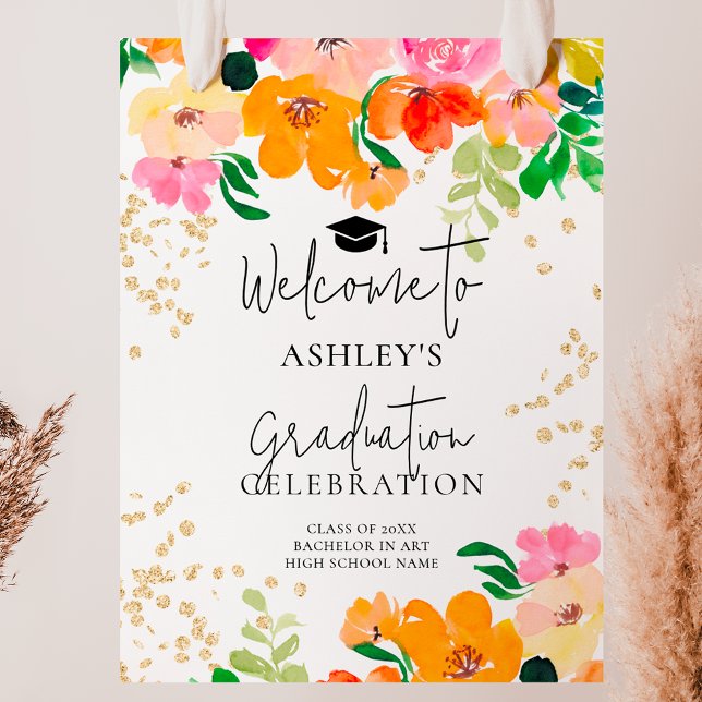 Póster Bienvenida a la graduación botánica floral de purp (Gold glitter floral botanical graduation welcome poster)