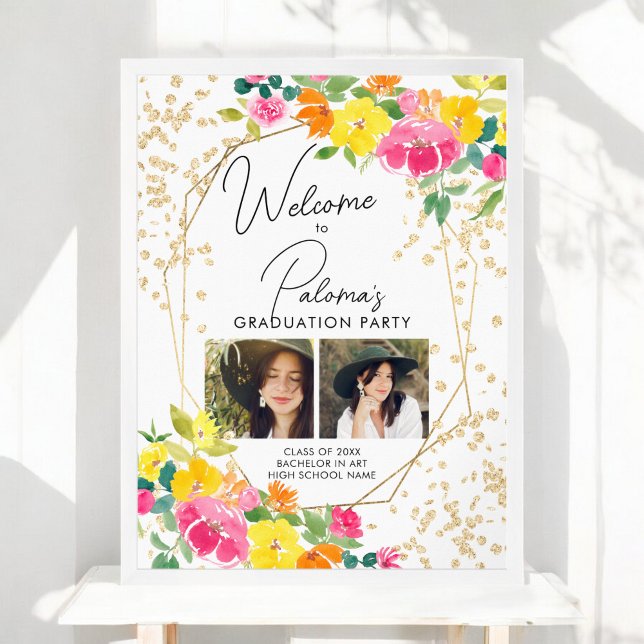 Póster Bienvenida a la graduación de la foto de Boho Flor (Boho Floral Watercolor 2 photo Graduation Welcome Poster)
