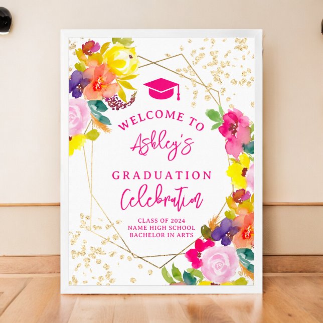 Póster Bienvenida a la graduación floral audaz del purpur (Gold glitter boho bold floral graduation welcome poster)