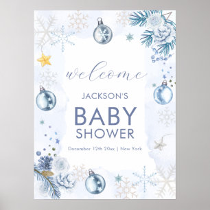 Póster Bienvenida a la lluvia de copos de nieve azules pa