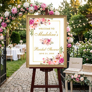 Póster Bienvenida a la lluvia de novia floral rosa acuare