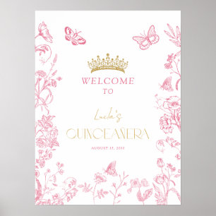Póster Bienvenida a la mariposa de oro rosa Quinceañera