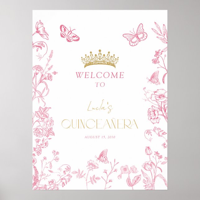 Póster Bienvenida a la mariposa de oro rosa Quinceañera (Frente)