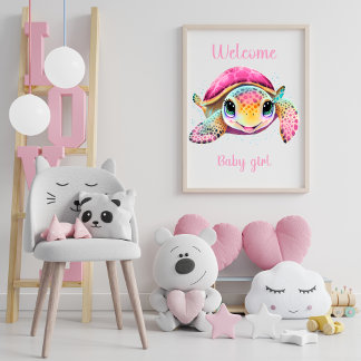 PÓSTER BIENVENIDA A LA NIÑA DE BEBÉ DE LA TORTUGA ROSA