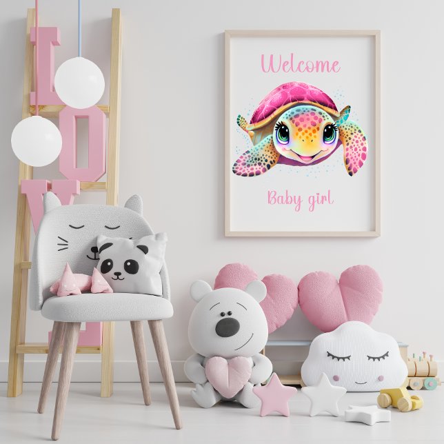 PÓSTER BIENVENIDA A LA NIÑA DE BEBÉ DE LA TORTUGA ROSA (Subido por el creador)