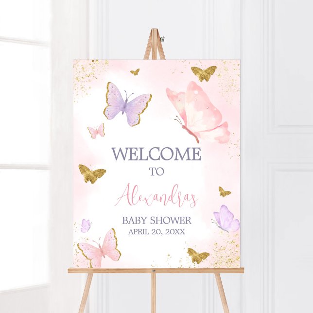 Póster Bienvenida a la primavera de la mariposa dorada ro (Purple Gold Butterfly Baby Shower Welcome Sign)