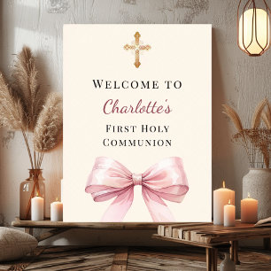 Póster Bienvenida a la Primera Comunión con lazo rosa y m
