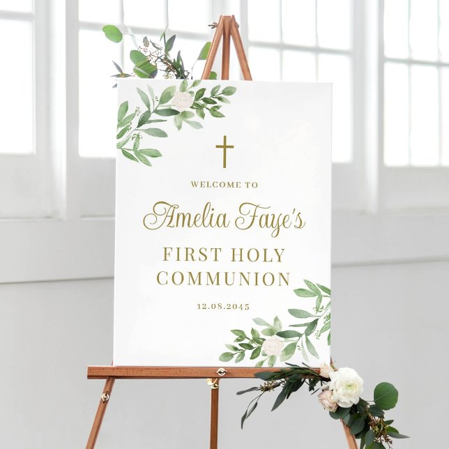 Póster Bienvenida a la Primera Comunión con Verdor y Flor (Customizable First Holy Communion welcome sign featuring watercolor greenery and gold texts.)