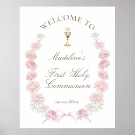 Póster Bienvenida a la Primera Comunión peonías rosadas