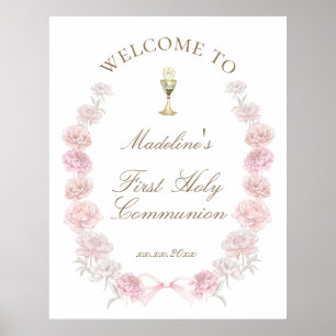 Póster Bienvenida a la Primera Comunión peonías rosadas