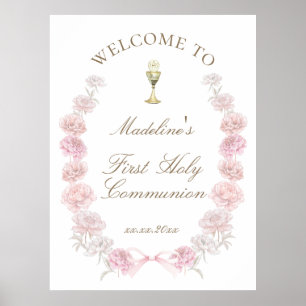 Póster Bienvenida a la Primera Comunión peonías rosadas