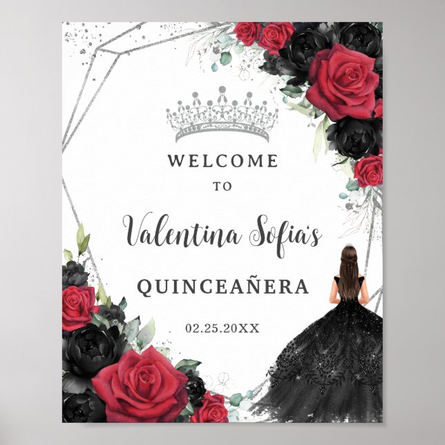 Póster Bienvenida a la Princesa Floral Negra y Roja Quinc (Frente)