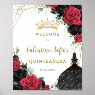 Póster Bienvenida a la Princesa Floral Negra y Roja Quinc