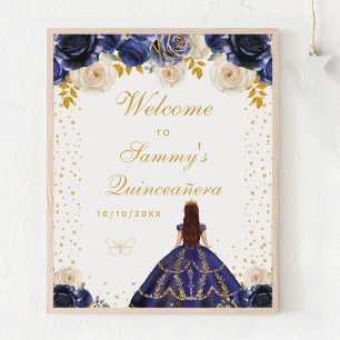 Póster Bienvenida a la Quinceañera Princesa Floral Azul M