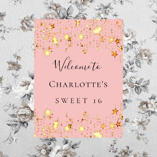 Póster Bienvenida a las estrellas doradas rosadas de la f