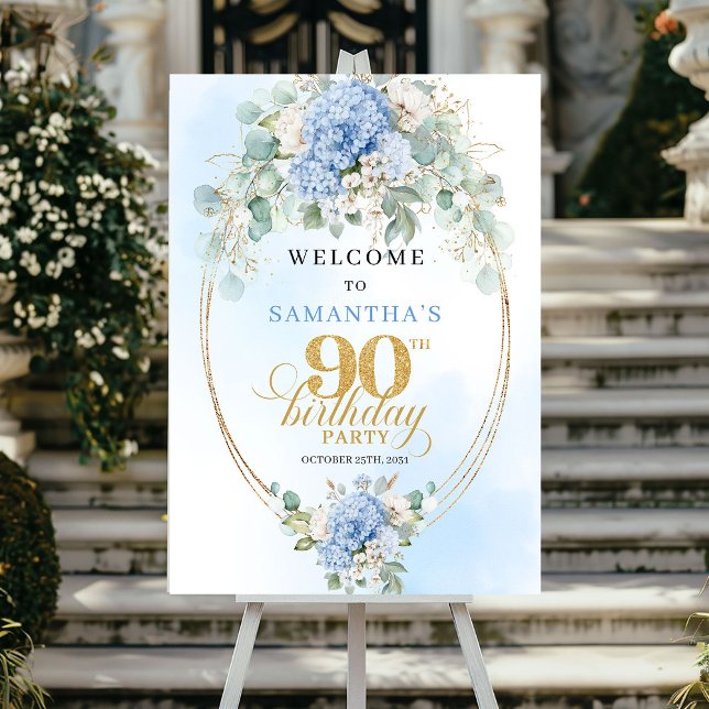 Póster Bienvenida a las Hidrangeas Azules Chic Dusty por  (Chic Dusty Blue Hydrangeas 90th Birthday Welcome)