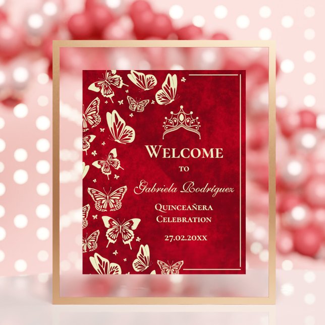 Póster Bienvenida a las Mariposas Elegantes Red Quinceañe (Elegant Gold Red Quinceañera Butterflies Welcome Poster)
