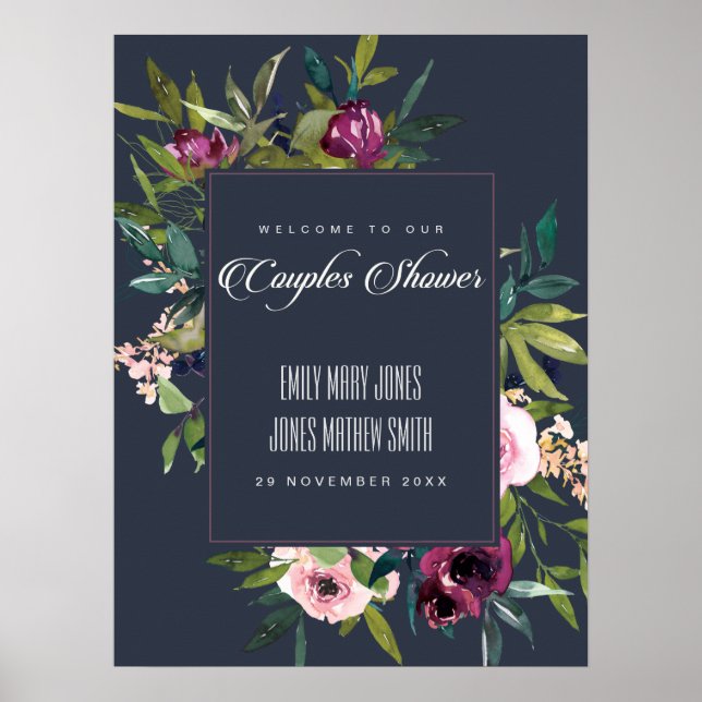PÓSTER BIENVENIDA A LAS PAREJAS FLORALES NAVY RUBOR BURGU (Frente)