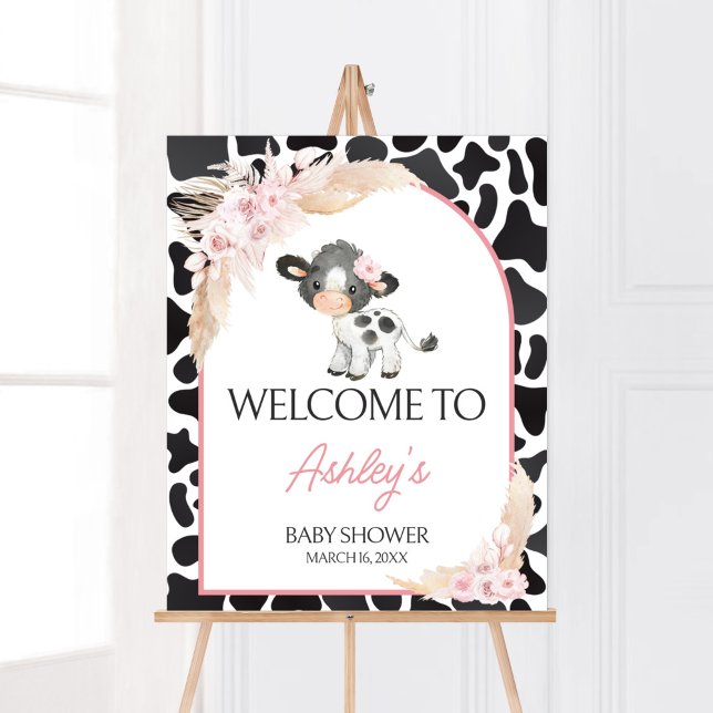 Póster Bienvenida a las vacas rosadas de Boho Highland (Girl Floral Highland Cow Baby Shower Welcome Sign)
