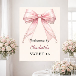 Póster Bienvenida a los 16 dulces con lazo rosa y perlas 