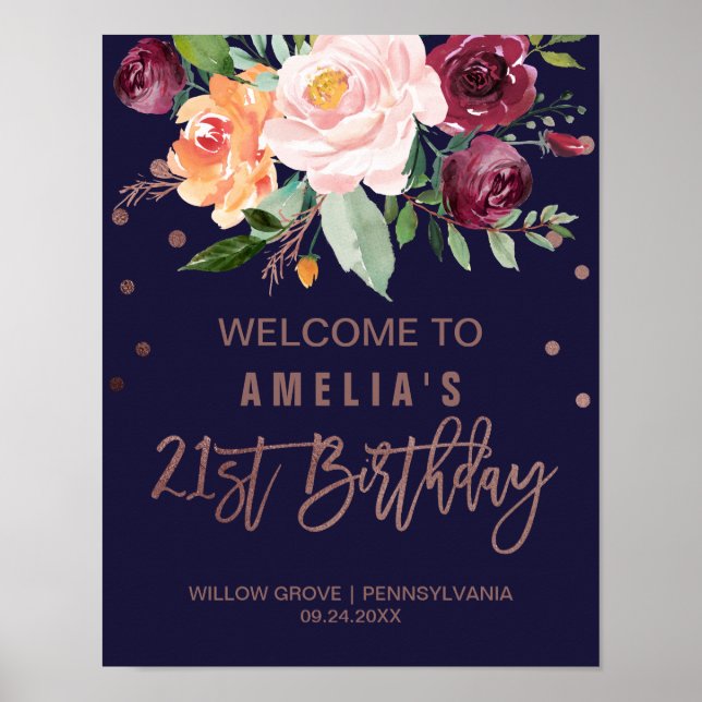 Póster Bienvenida a los 21 cumpleaños del Rosa floral de  (Frente)