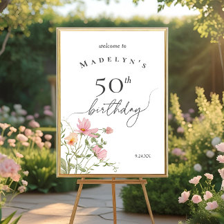 Póster Bienvenida a los 50 años Cumpleaños Femenino Flor