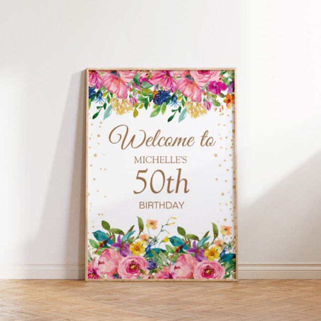 Póster Bienvenida a los 50 años del Purpurina floral amar (Pink, blue, and yellow 50th birthday party "Welcome" poster)