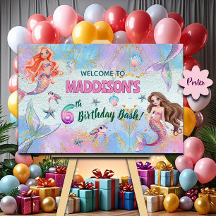 Póster Bienvenida a los 6 años de sirenas con brillo rosa