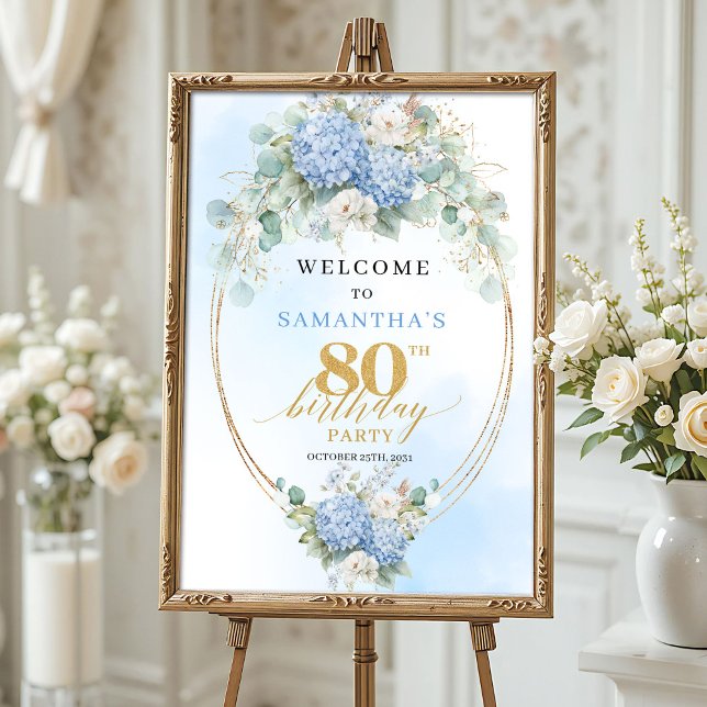 Póster Bienvenida a los 80 años de Boho Hydrangeas azul p (Boho Hydrangeas Dusty Blue 80th birthday welcome)